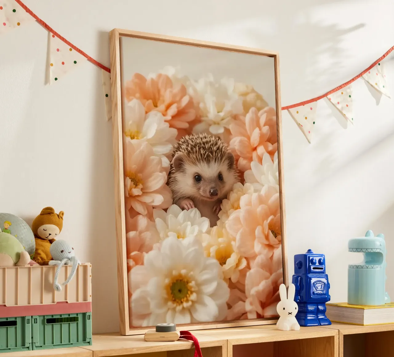 Egel in perzikcrème en witte bloemen canvas met Baklijst van DesignDoodle