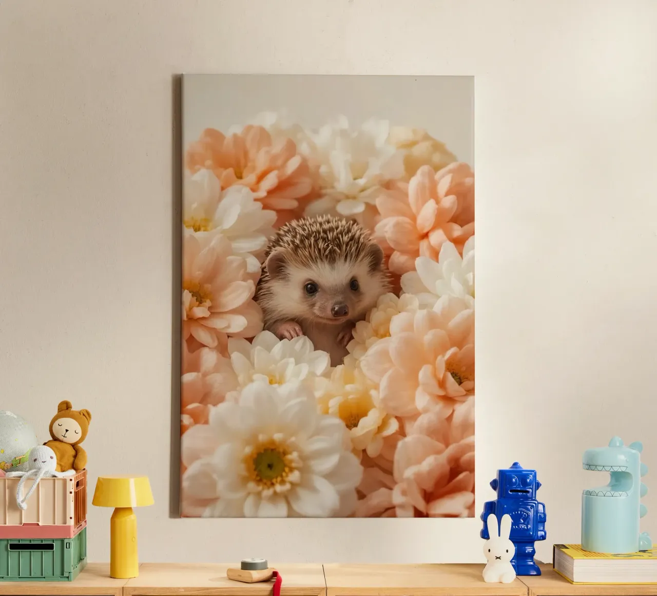 Egel in perzikcrème en witte bloemen canvas met Baklijst van DesignDoodle