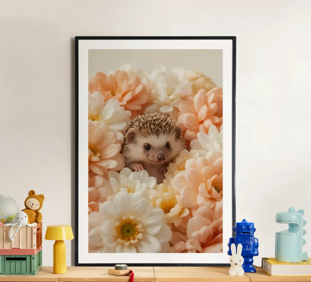 Riccio in crema pesca e fiori bianchi poster da DesignDoodle