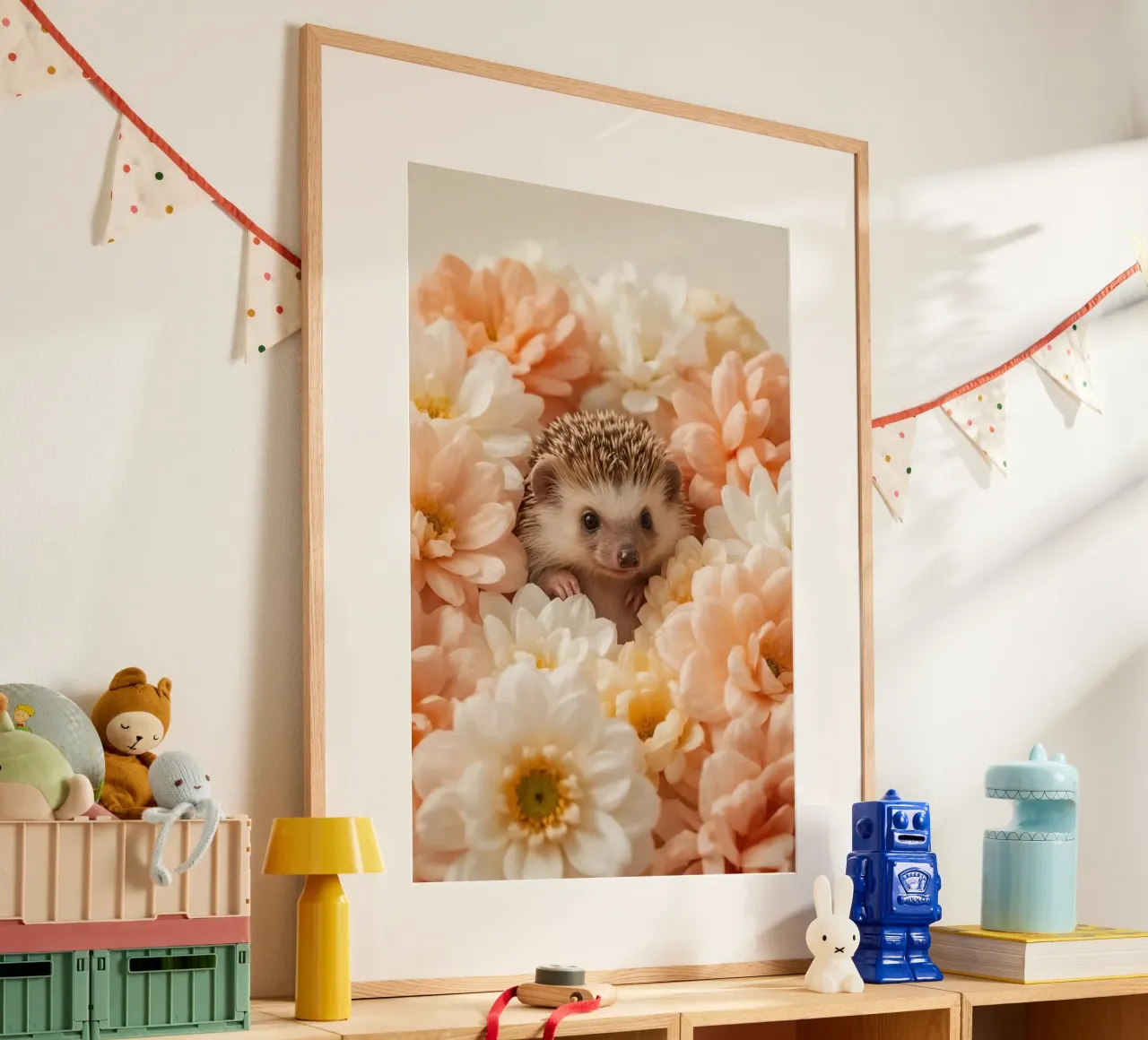 Riccio in crema pesca e fiori bianchi poster da DesignDoodle
