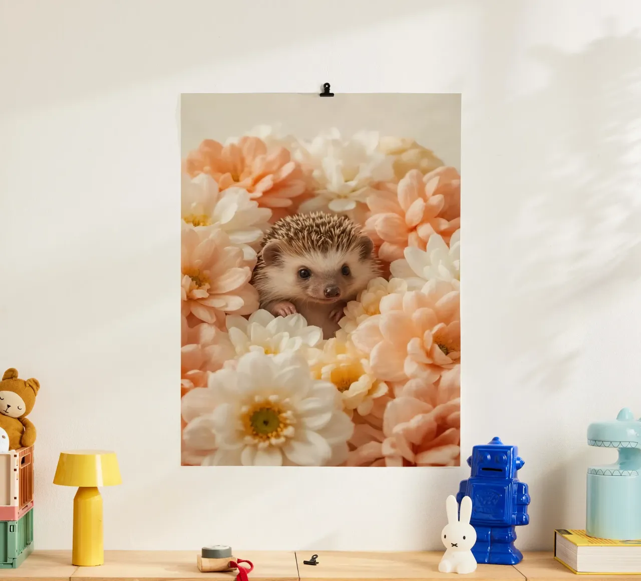 Riccio in crema pesca e fiori bianchi poster da DesignDoodle