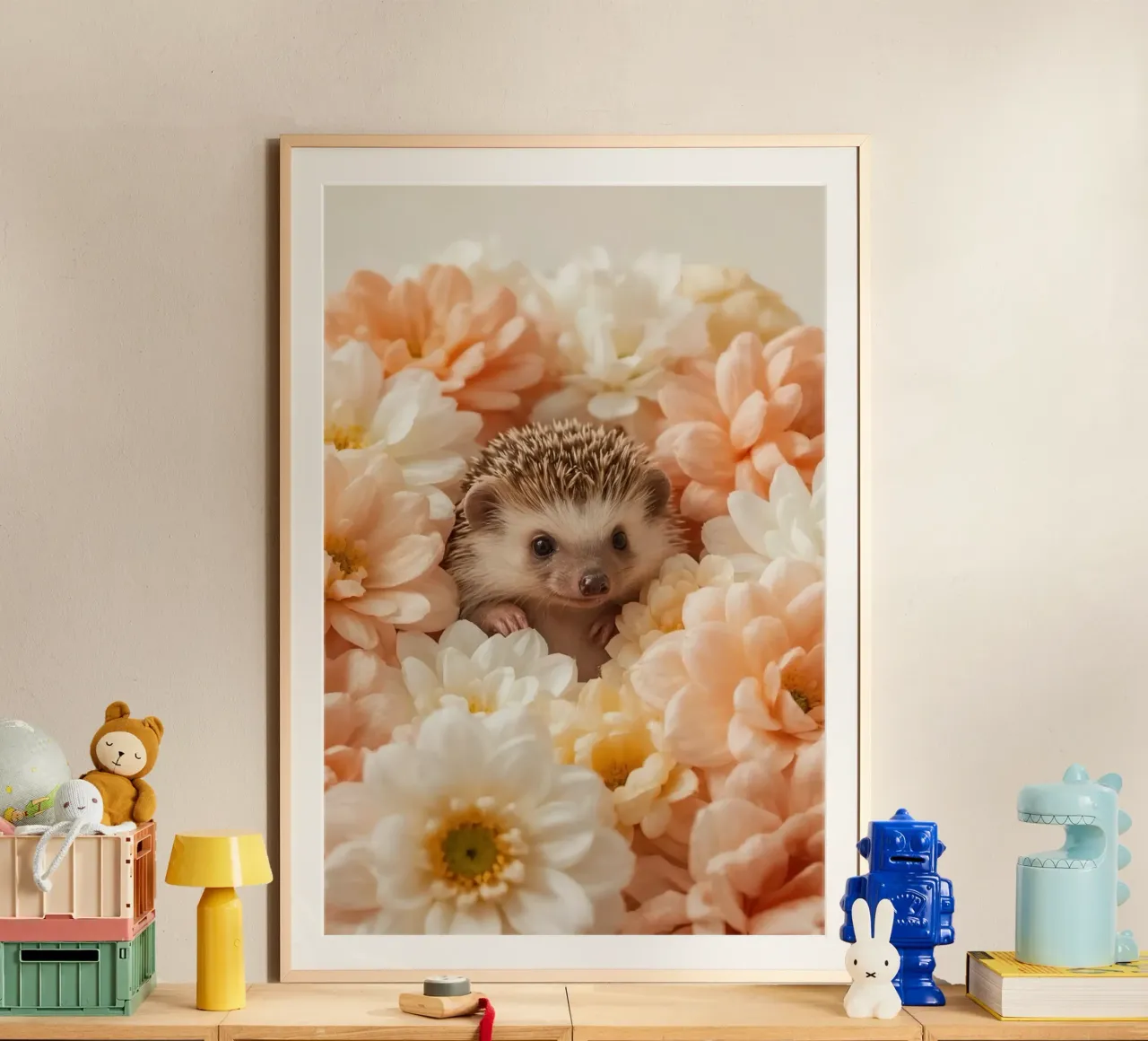 Riccio in crema pesca e fiori bianchi poster da DesignDoodle