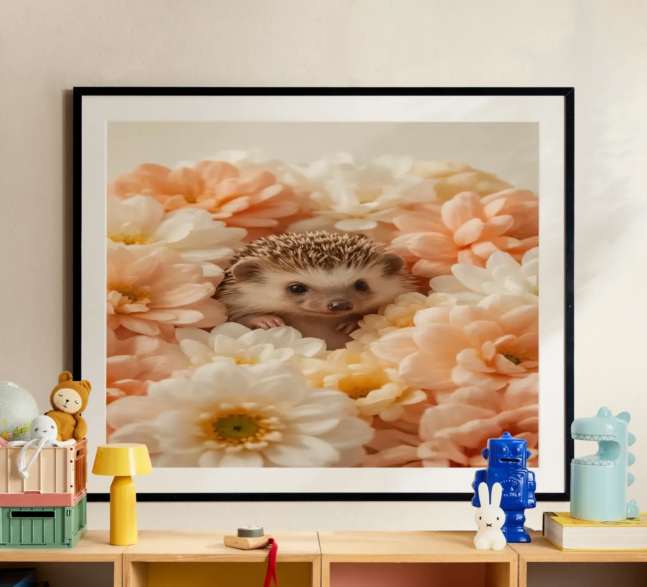 Riccio in crema pesca e fiori bianchi poster da DesignDoodle