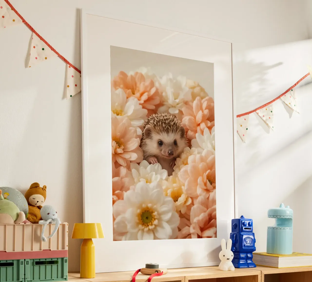 Riccio in crema pesca e fiori bianchi poster da DesignDoodle