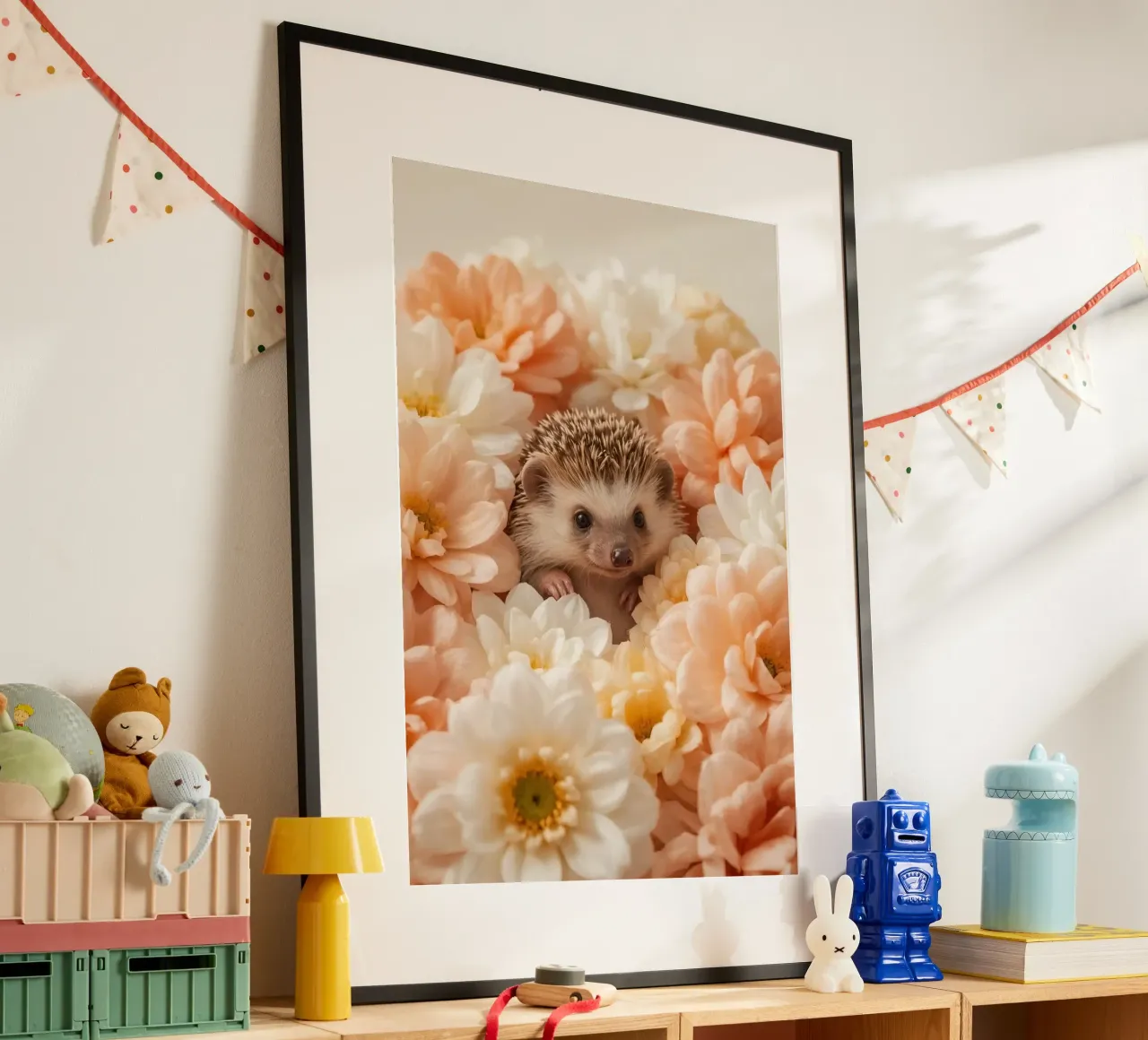 Riccio in crema pesca e fiori bianchi poster da DesignDoodle
