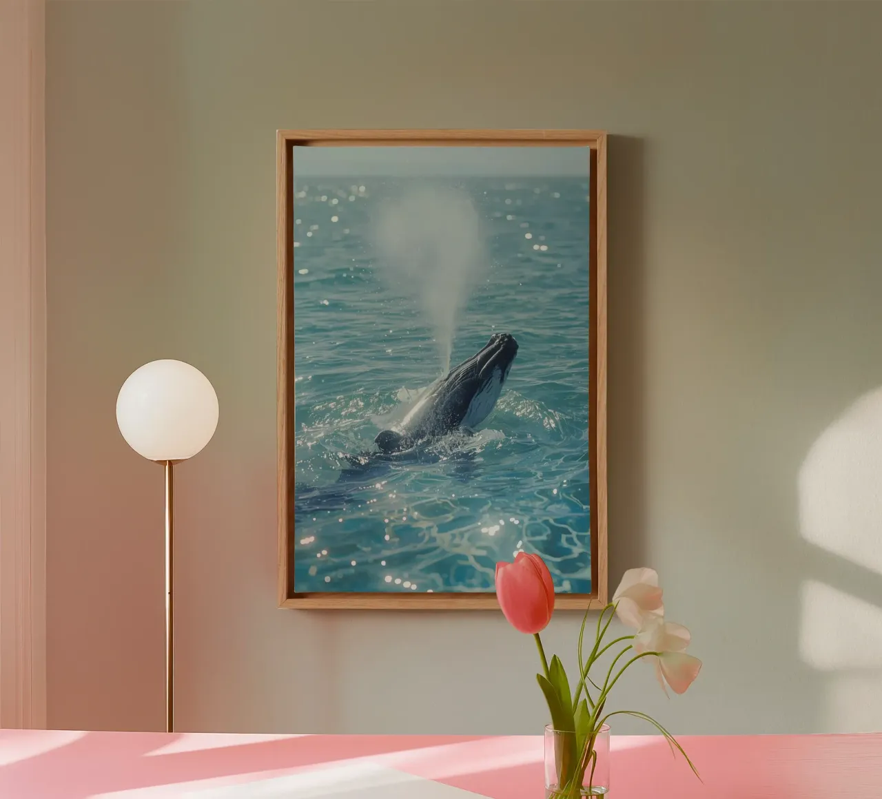 Bultrugwalvis breekt oppervlakte en blaast water canvas met Baklijst van DesignDoodle