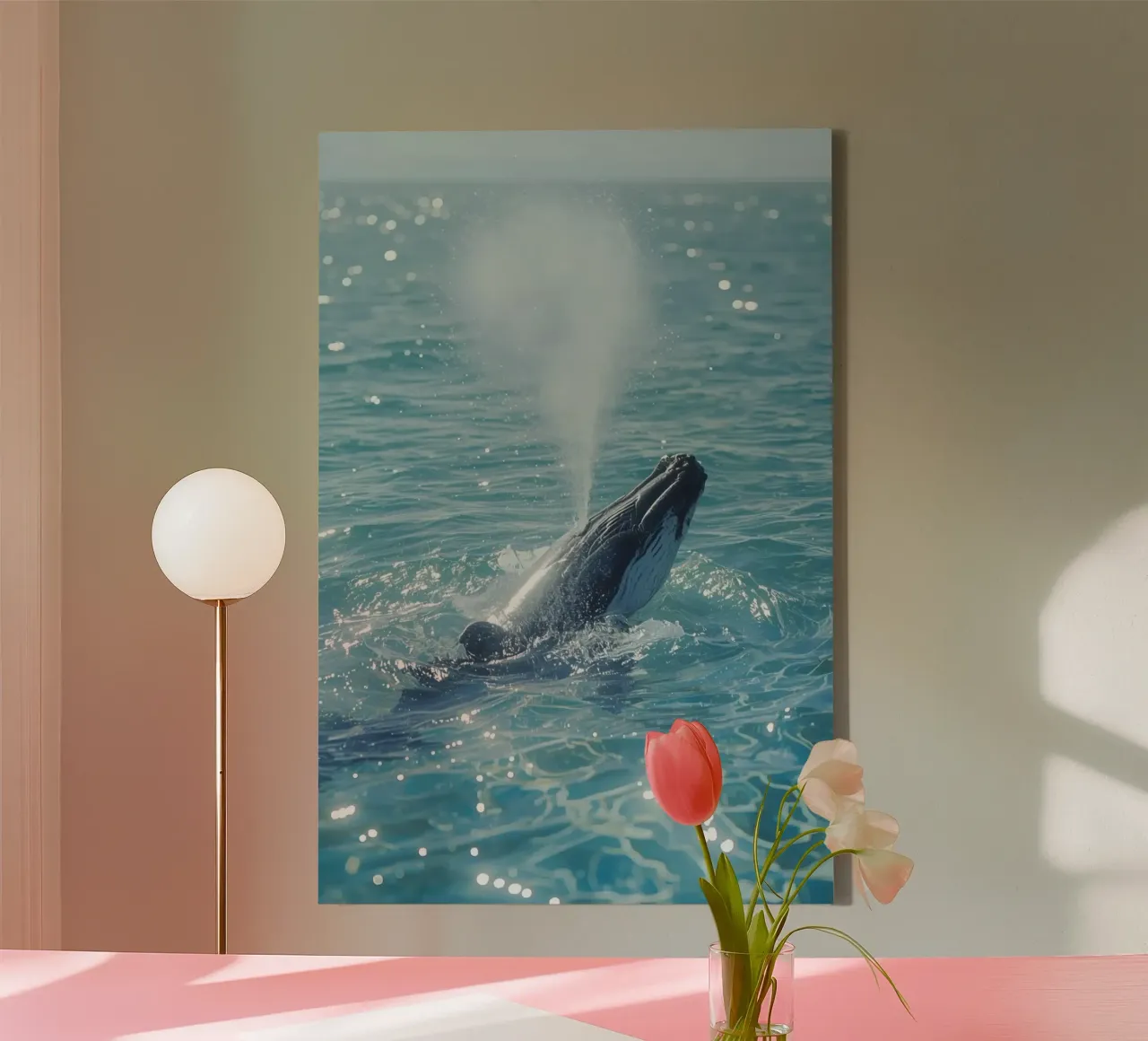 Bultrugwalvis breekt oppervlakte en blaast water canvas met Baklijst van DesignDoodle