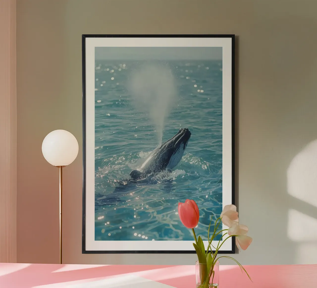 Balena megattera che fa breccia in superficie e soffia acqua poster con telaio in alluminio da DesignDoodle