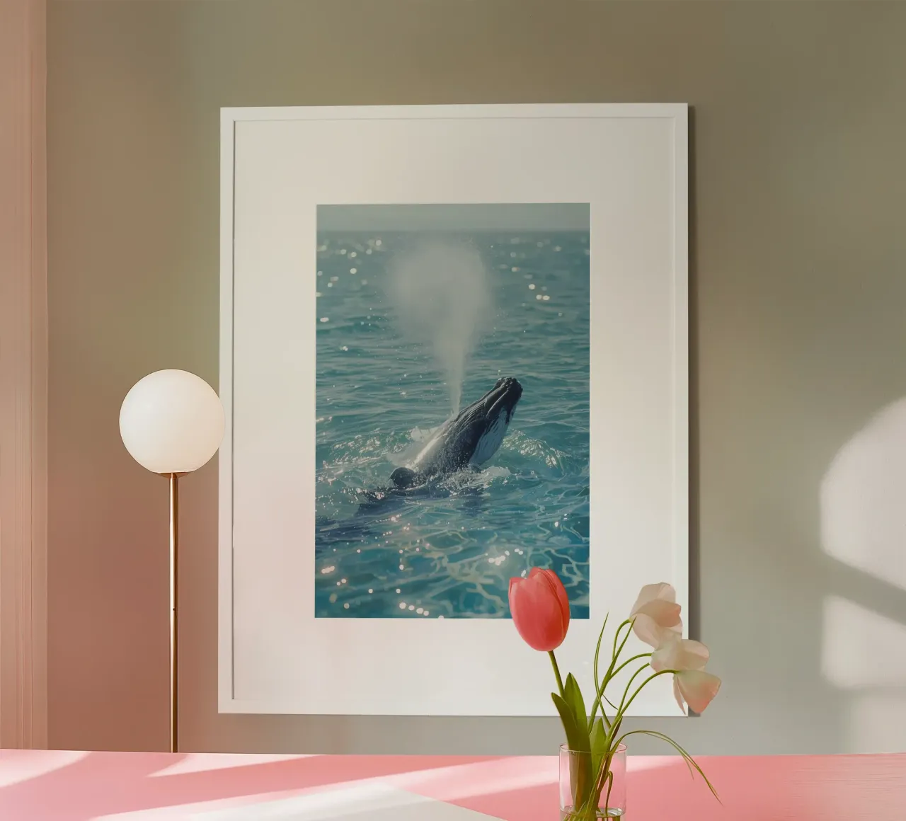 Balena megattera che fa breccia in superficie e soffia acqua poster con telaio in alluminio da DesignDoodle