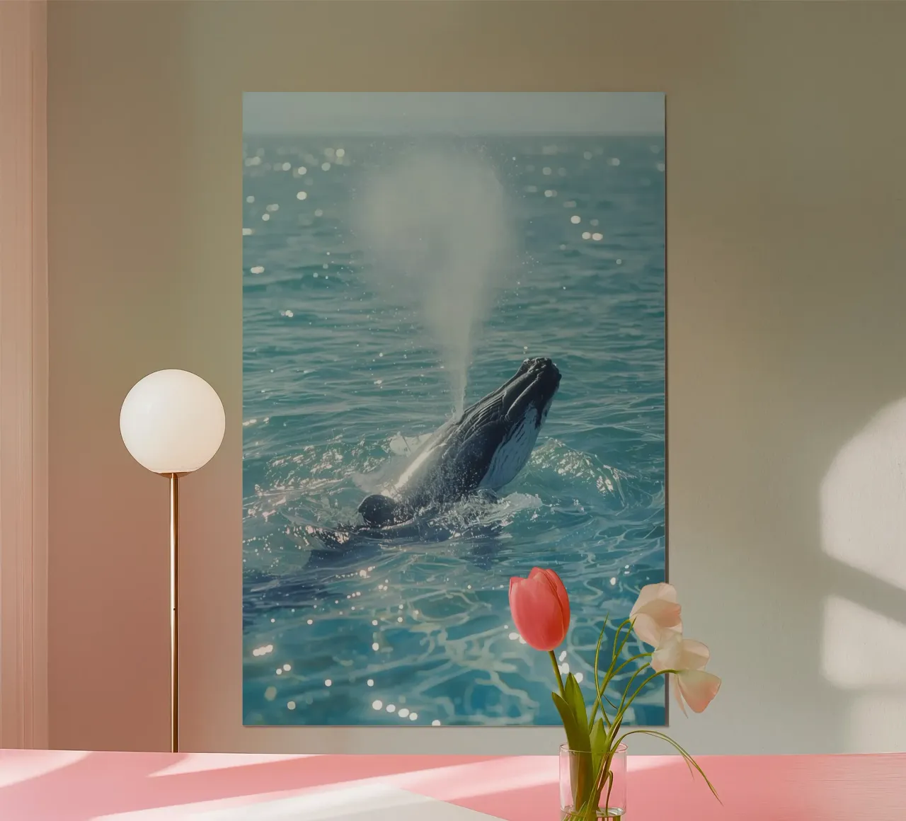 Balena megattera che fa breccia in superficie e soffia acqua poster con telaio in alluminio da DesignDoodle