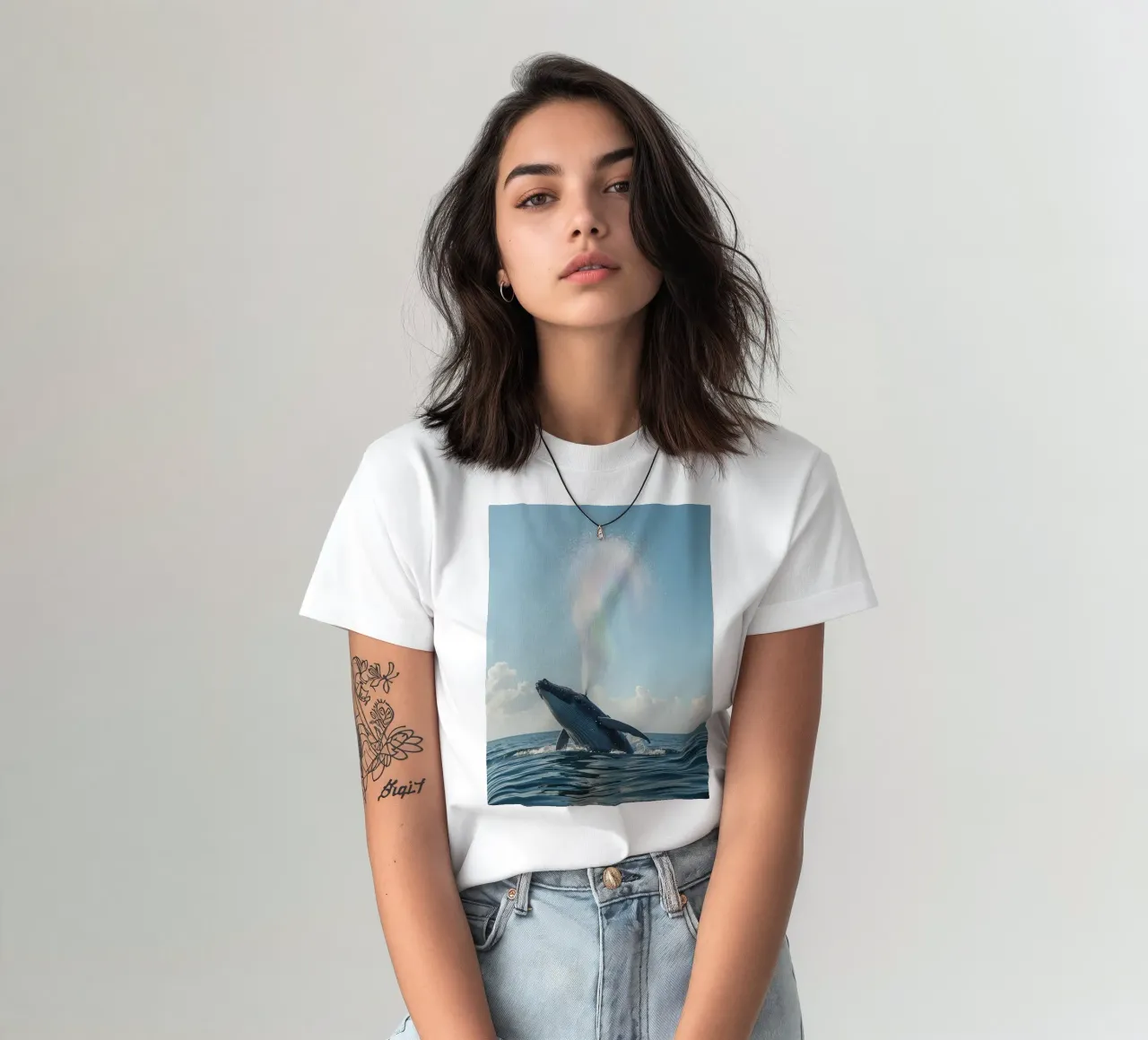 Balena megattera che si infrange con un getto d'acqua arcobaleno t-shirt da DesignDoodle