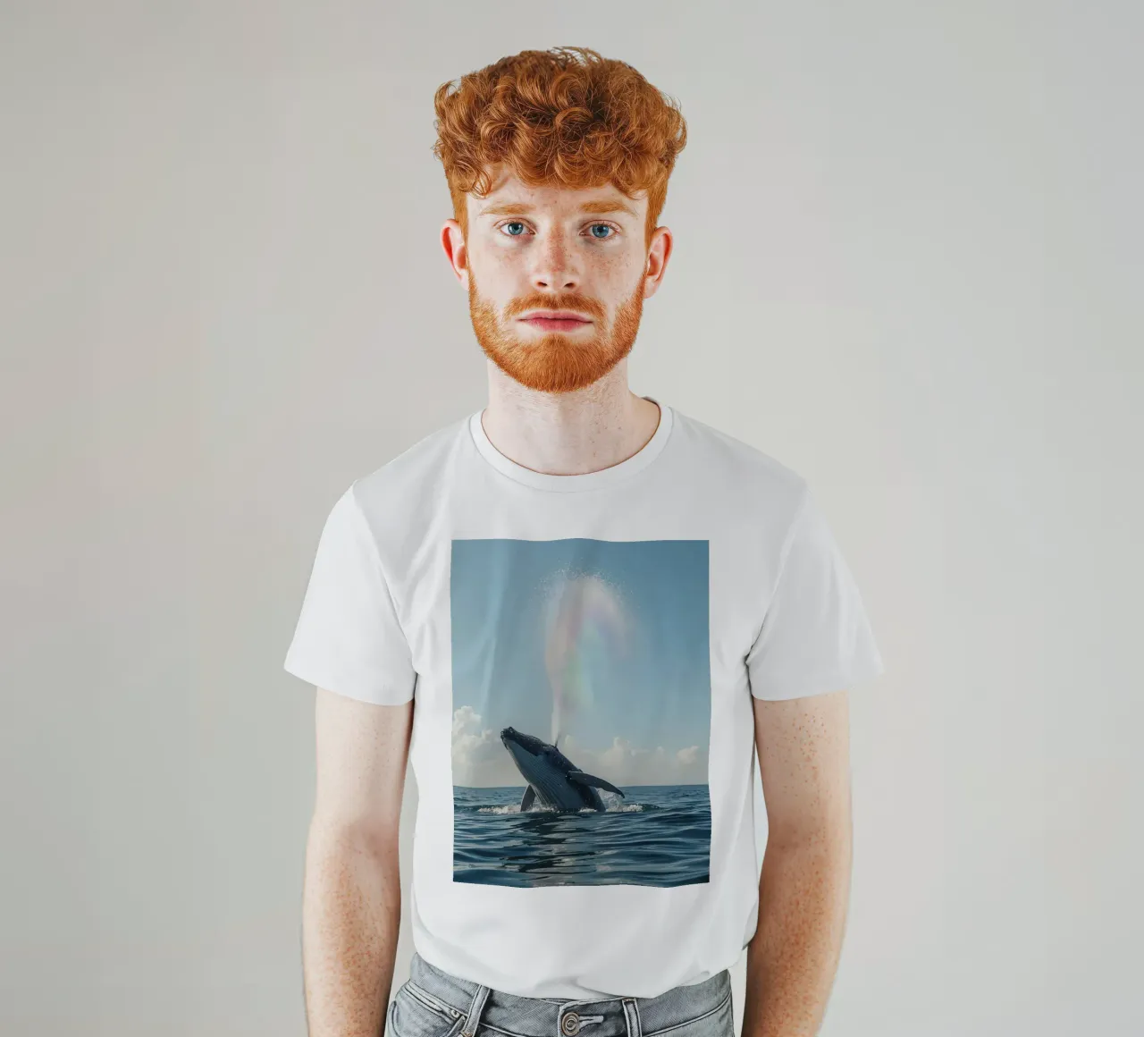 Balena megattera che si infrange con un getto d'acqua arcobaleno t-shirt da DesignDoodle