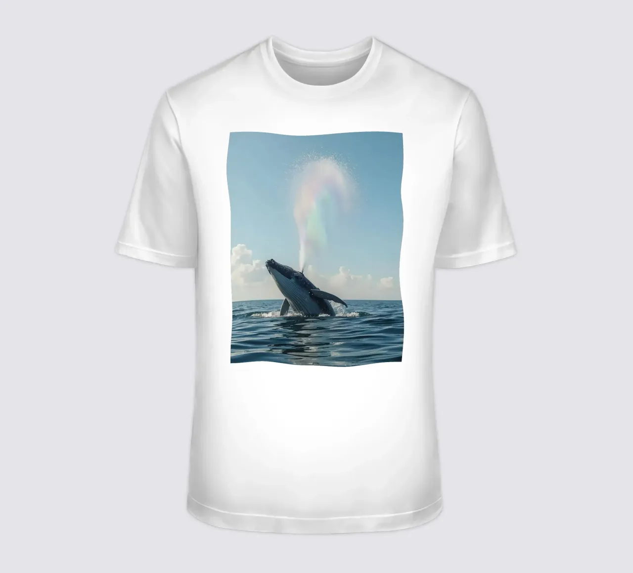 Balena megattera che si infrange con un getto d'acqua arcobaleno t-shirt da DesignDoodle