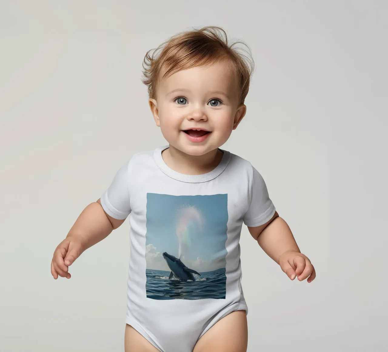 Balena megattera che si infrange con un getto d'acqua arcobaleno body neonato maniche corte da DesignDoodle