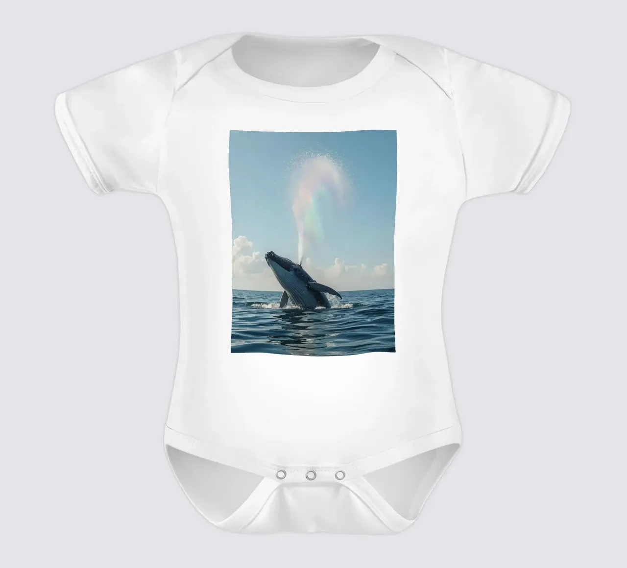 Balena megattera che si infrange con un getto d'acqua arcobaleno body neonato maniche corte da DesignDoodle