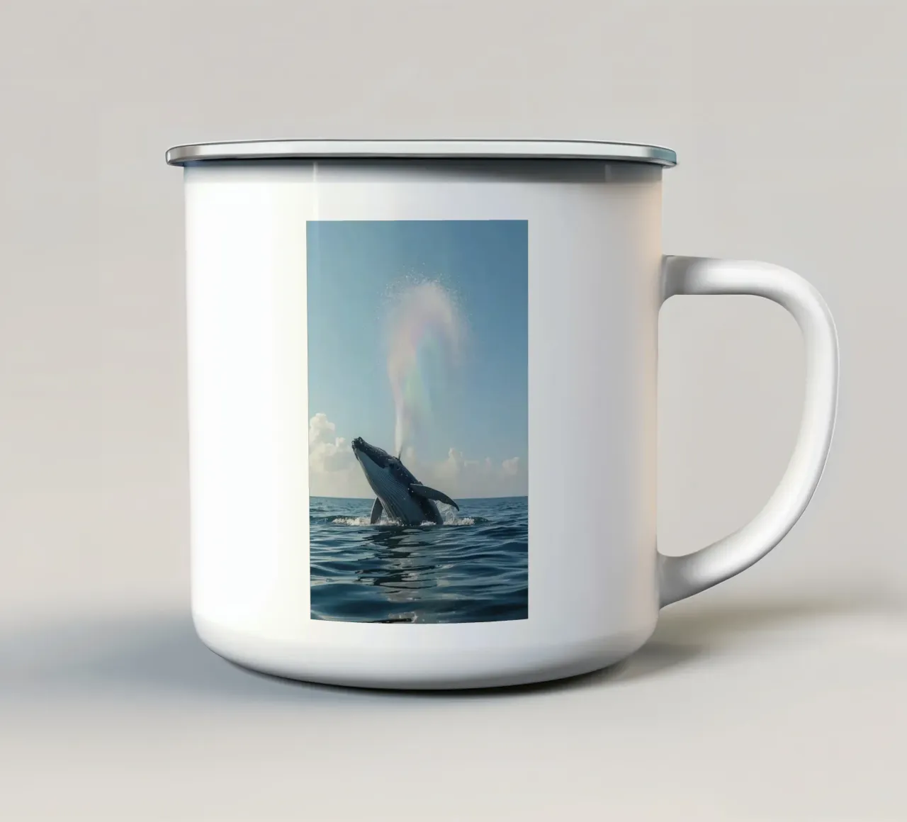 Balena megattera che si infrange con un getto d'acqua arcobaleno tazza in smalto da DesignDoodle