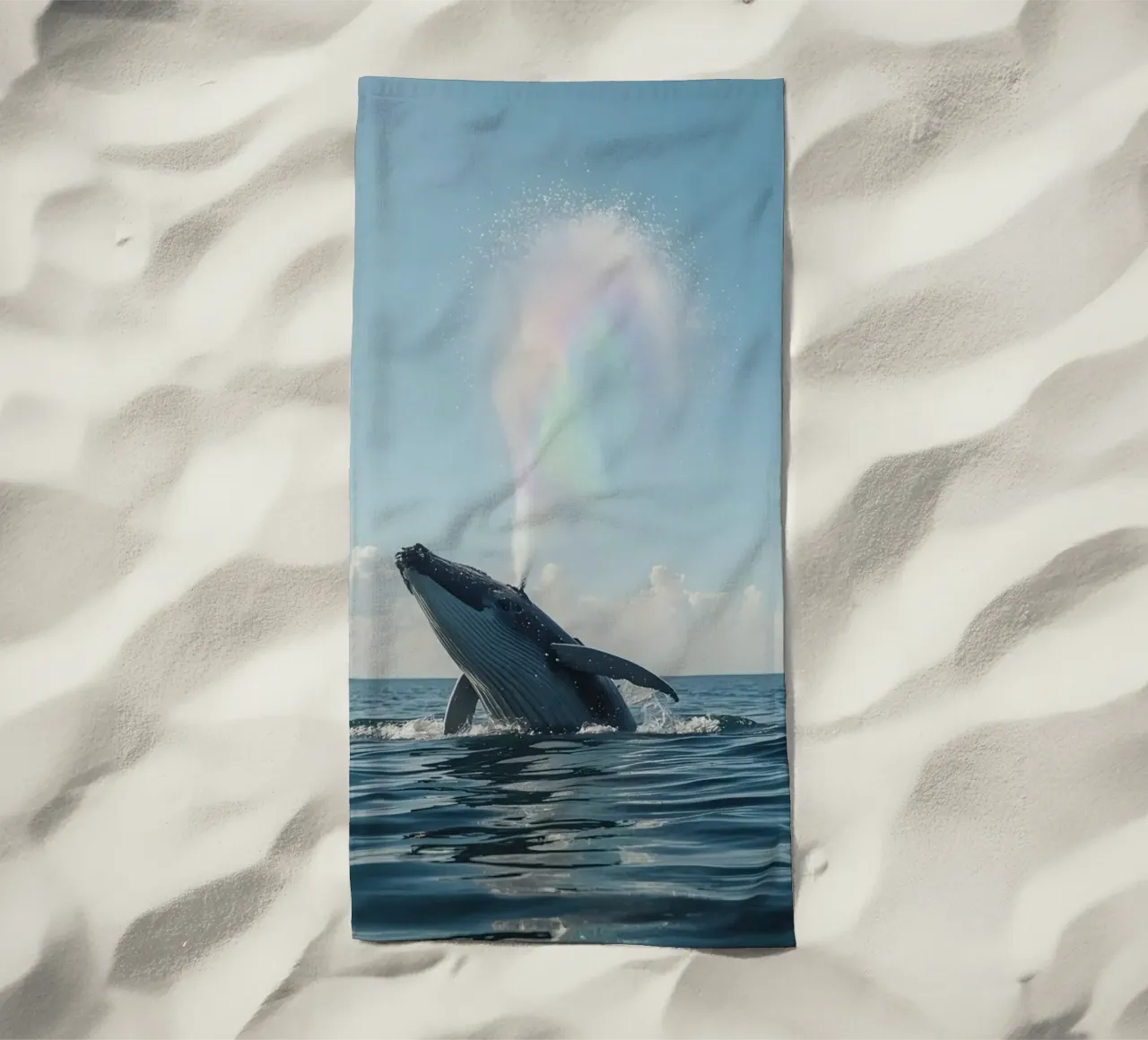 Balena megattera che si infrange con un getto d'acqua arcobaleno telo mare da DesignDoodle