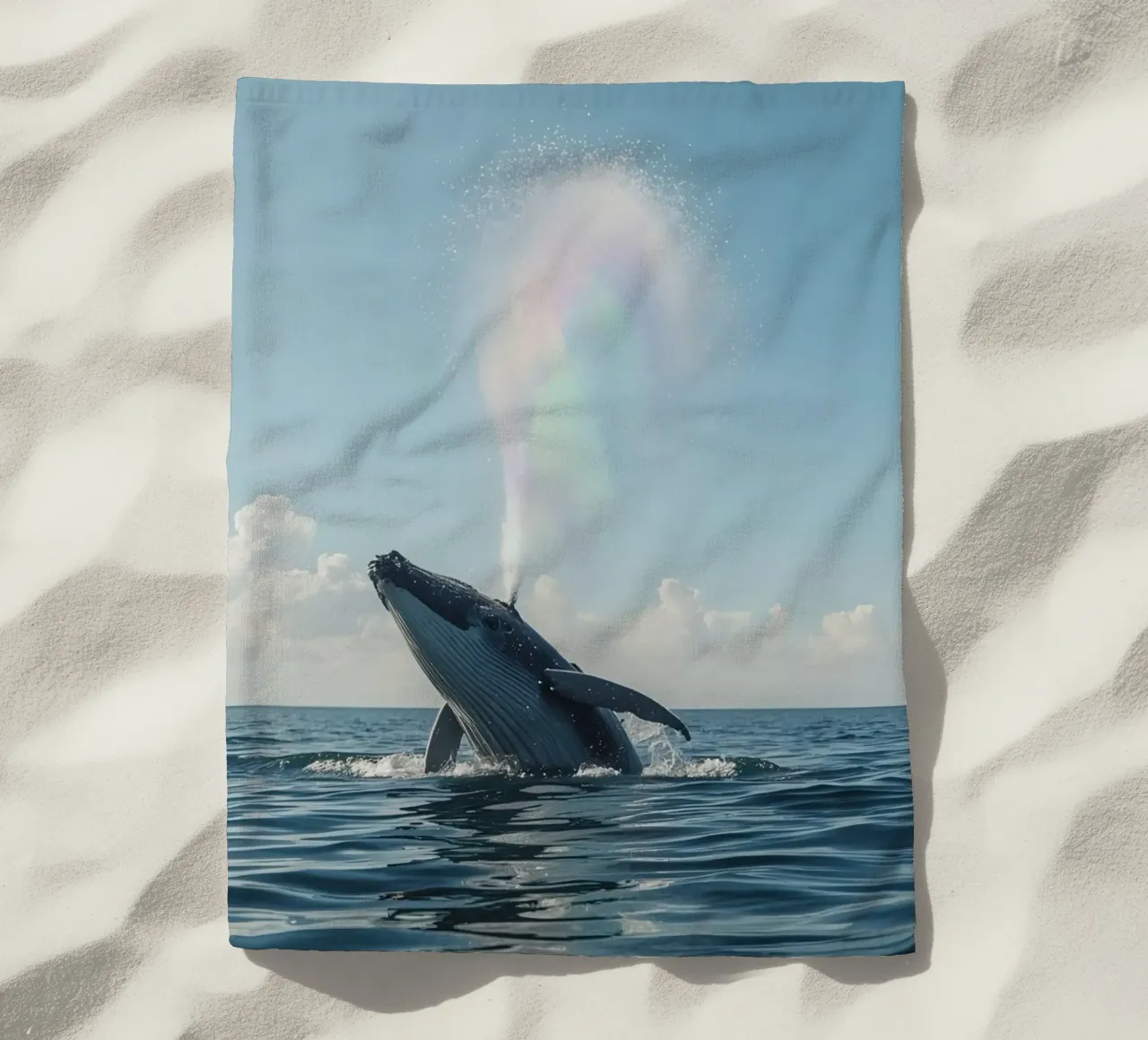 Balena megattera che si infrange con un getto d'acqua arcobaleno telo mare da DesignDoodle