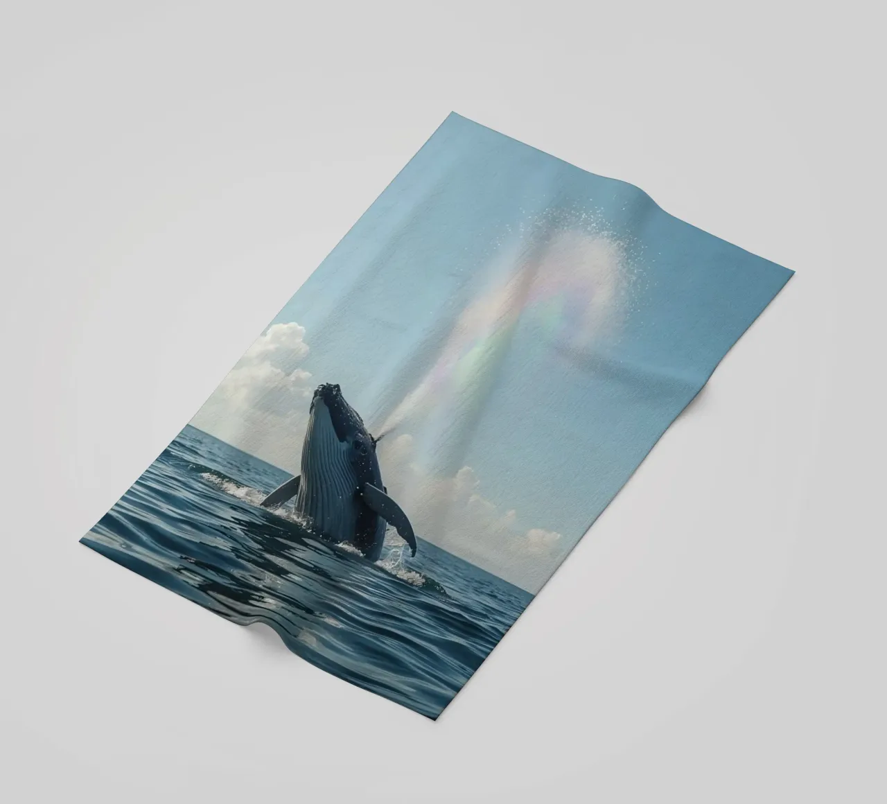 Balena megattera che si infrange con un getto d'acqua arcobaleno telo mare da DesignDoodle