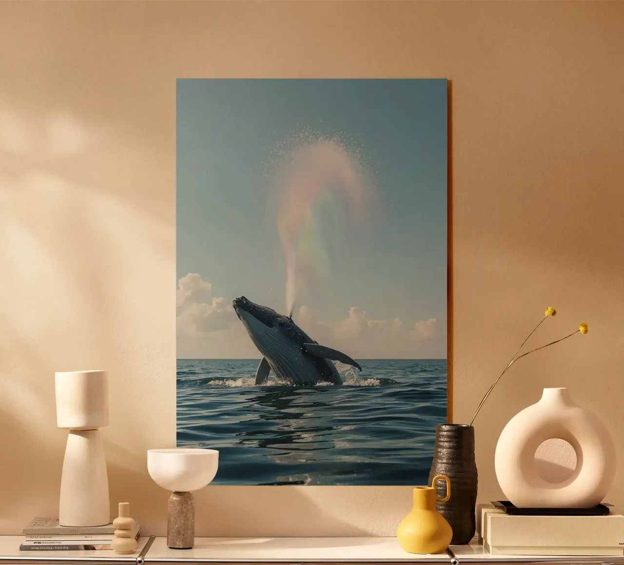 Balena megattera che si infrange con un getto d'acqua arcobaleno plexiglass da DesignDoodle