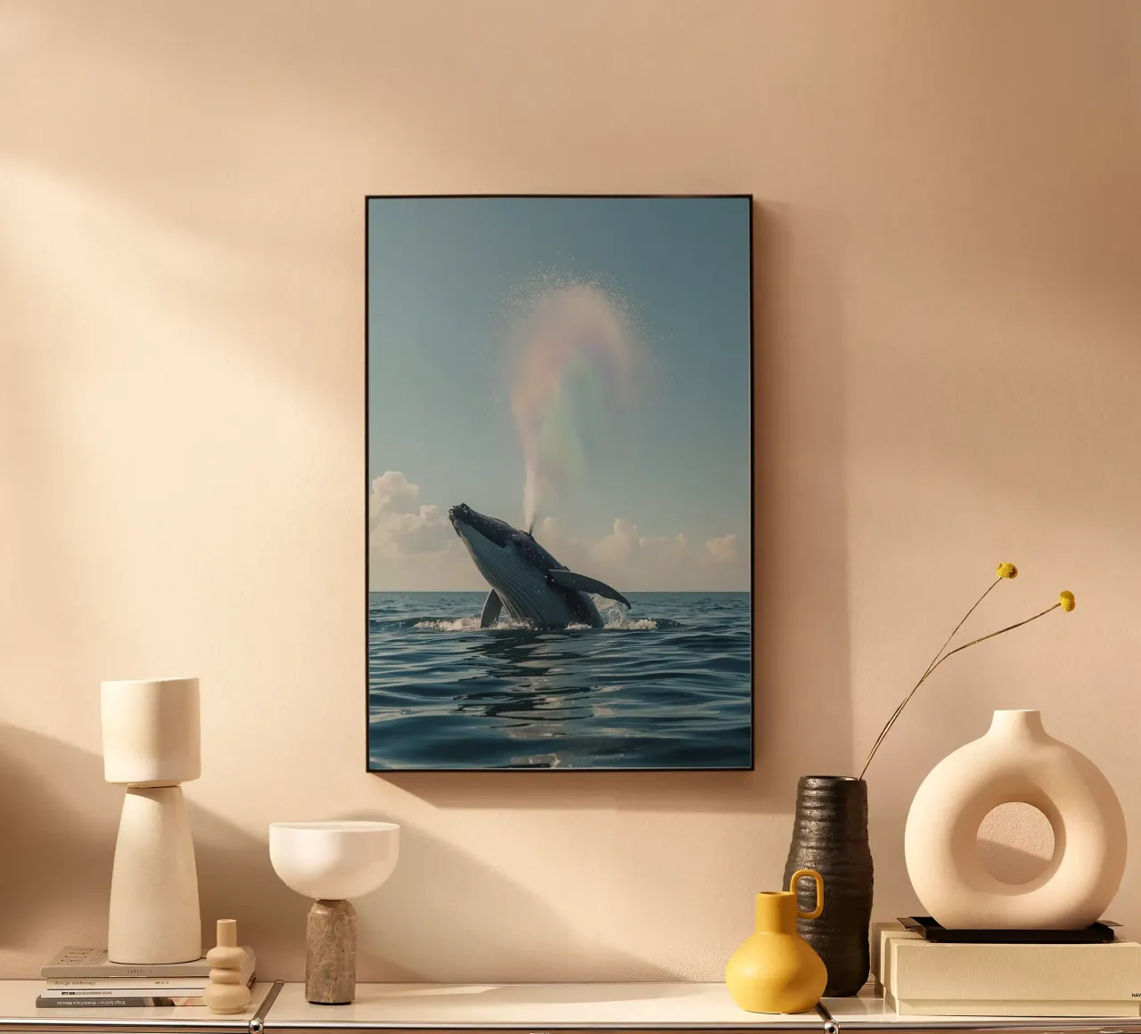 Balena megattera che si infrange con un getto d'acqua arcobaleno alluminio dibond da DesignDoodle