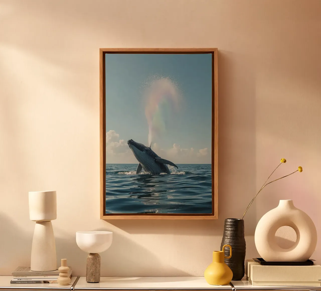 Balena megattera che si infrange con un getto d'acqua arcobaleno tela con Cornice a cassetta da DesignDoodle