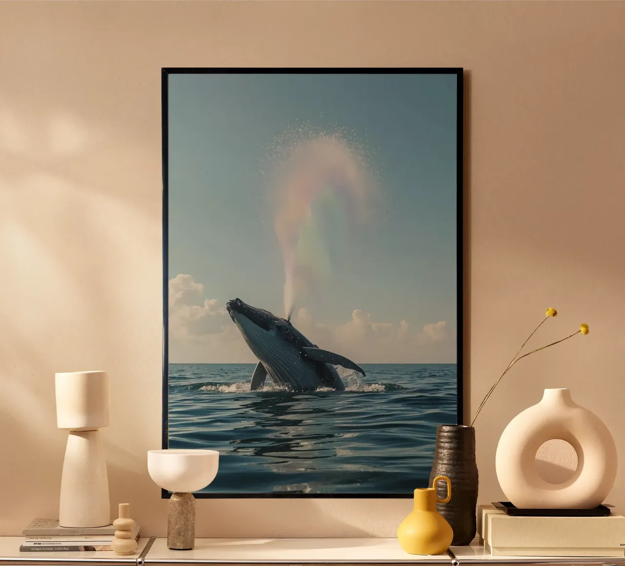 Balena megattera che si infrange con un getto d'acqua arcobaleno poster da DesignDoodle