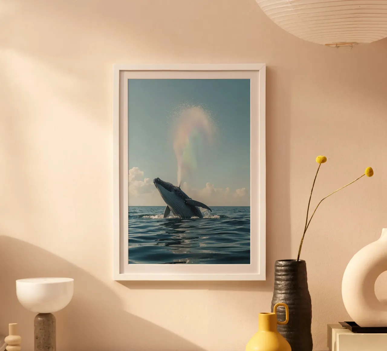 Balena megattera che si infrange con un getto d'acqua arcobaleno poster da DesignDoodle