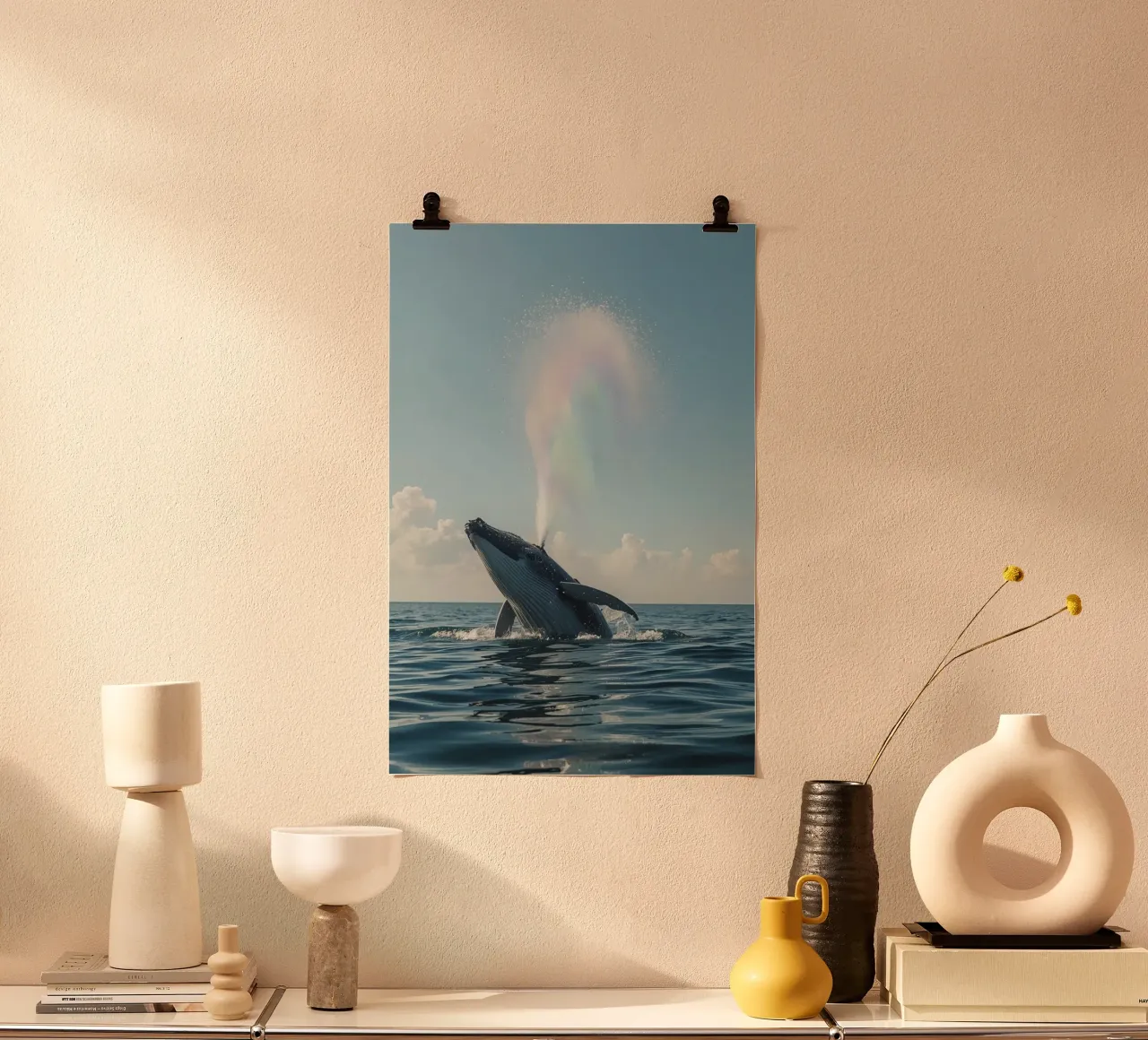 Balena megattera che si infrange con un getto d'acqua arcobaleno poster da DesignDoodle