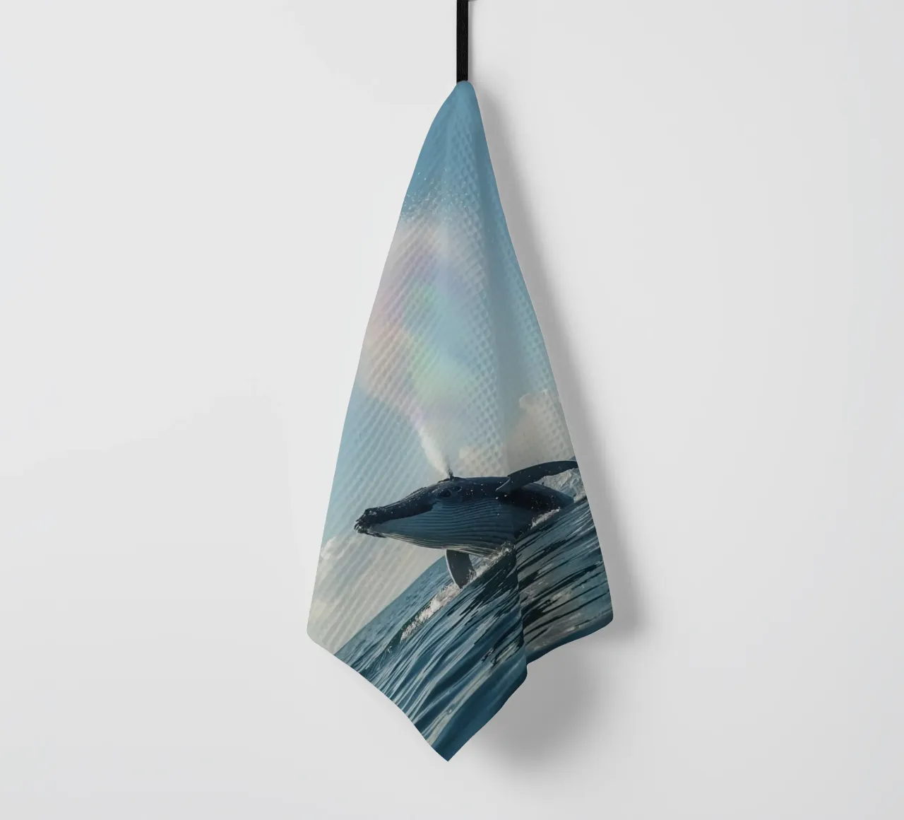 Balena megattera che si infrange con un getto d'acqua arcobaleno canovaccio da cucina da DesignDoodle