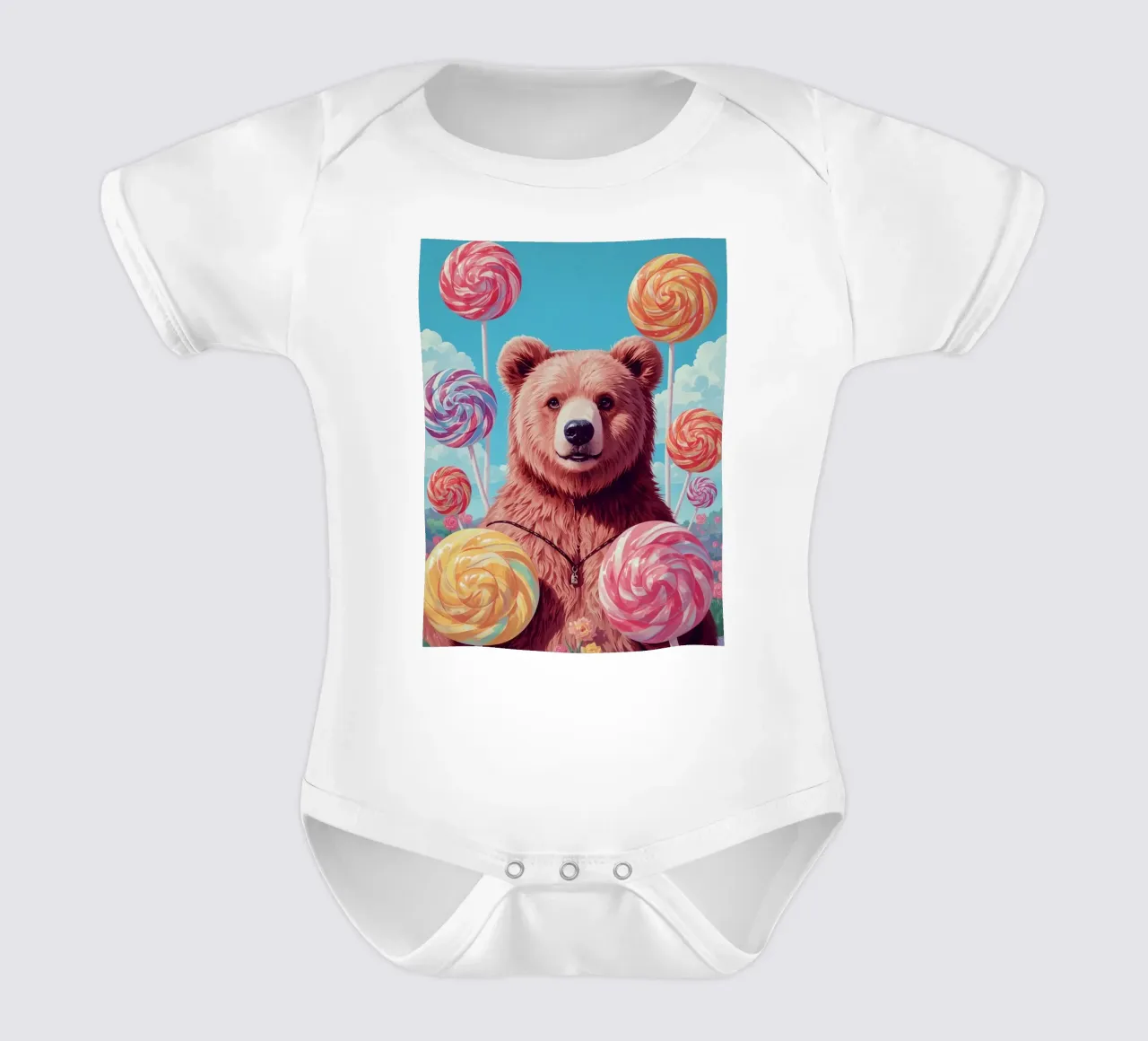Orso con lecca-lecca e fiori body neonato maniche corte da DesignDoodle