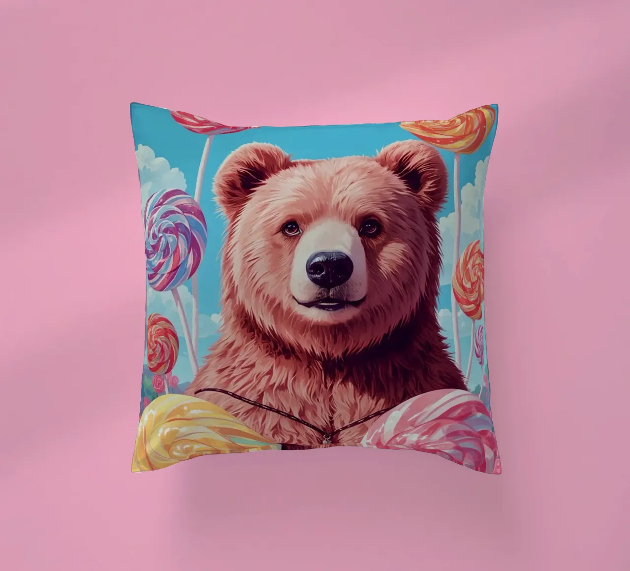 Orso con lecca-lecca e fiori cuscino da DesignDoodle