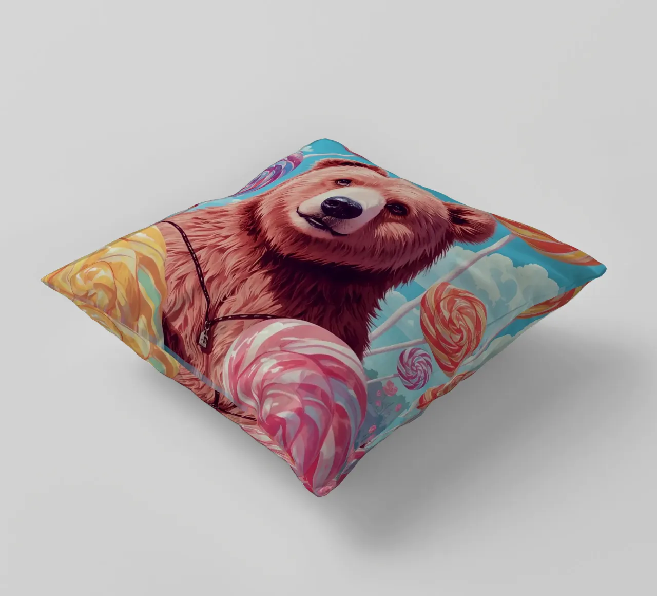 Orso con lecca-lecca e fiori cuscino da DesignDoodle