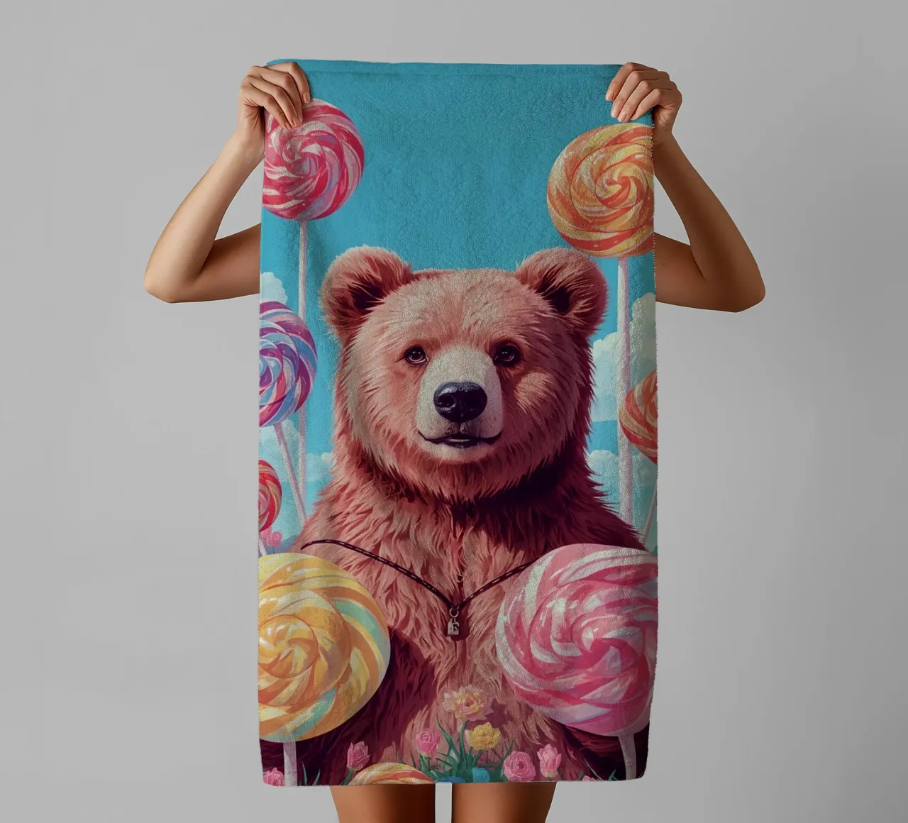 Orso con lecca-lecca e fiori asciugamano da bagno da DesignDoodle