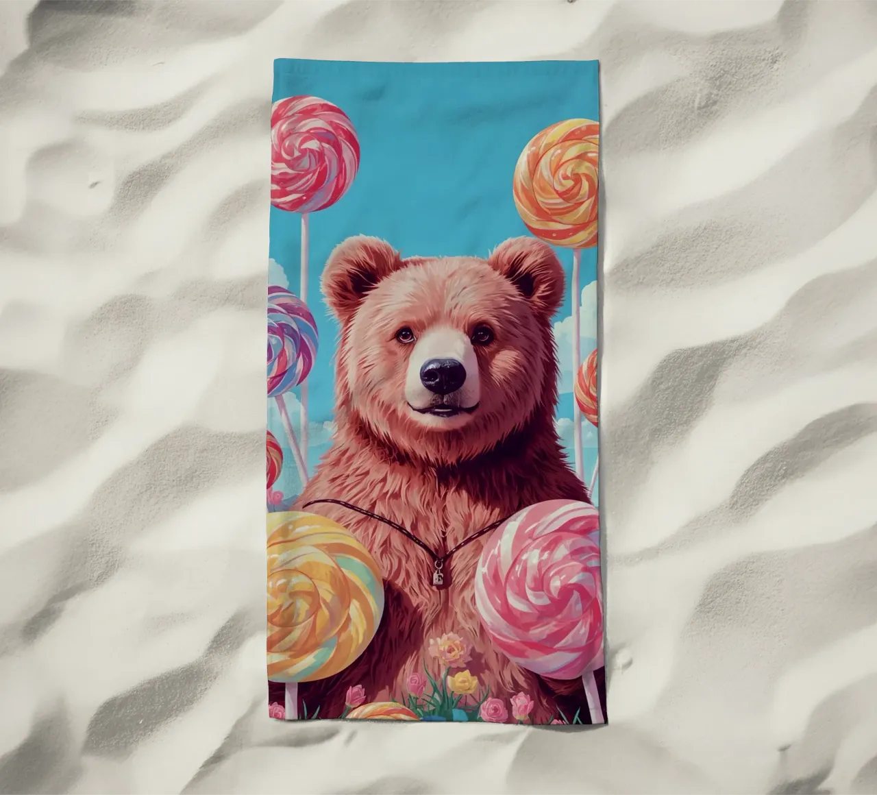 Orso con lecca-lecca e fiori telo mare da DesignDoodle