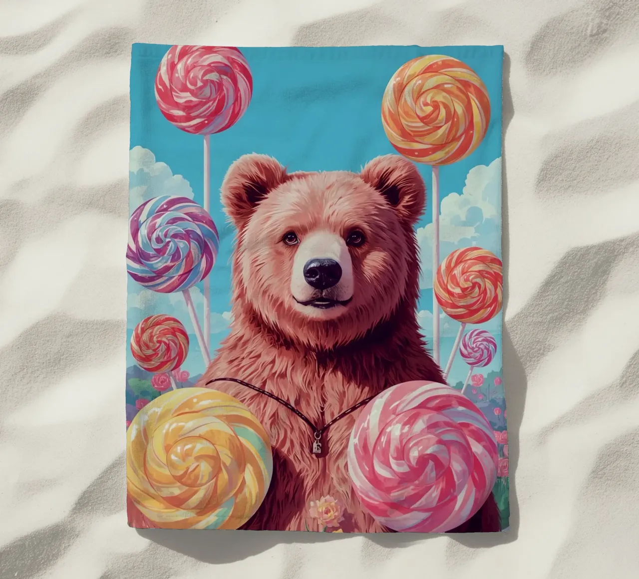 Orso con lecca-lecca e fiori telo mare da DesignDoodle