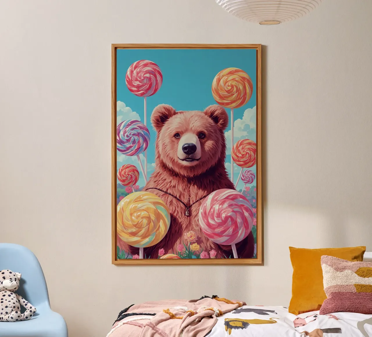 Orso con lecca-lecca e fiori alluminio dibond da DesignDoodle