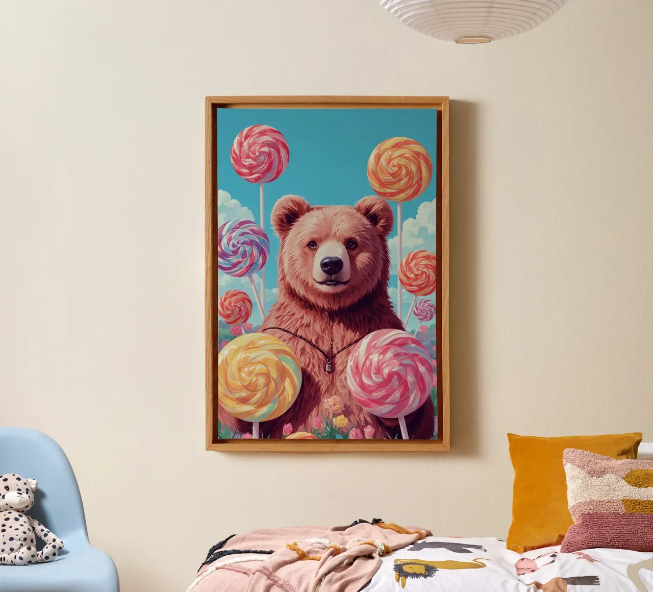 Orso con lecca-lecca e fiori tela con Cornice a cassetta da DesignDoodle