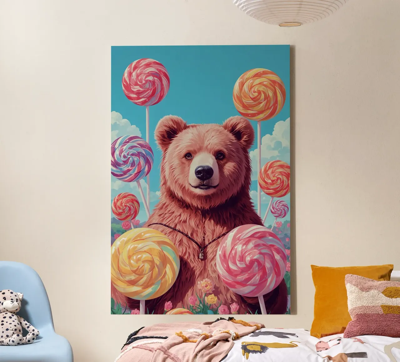 Orso con lecca-lecca e fiori tela con Cornice a cassetta da DesignDoodle
