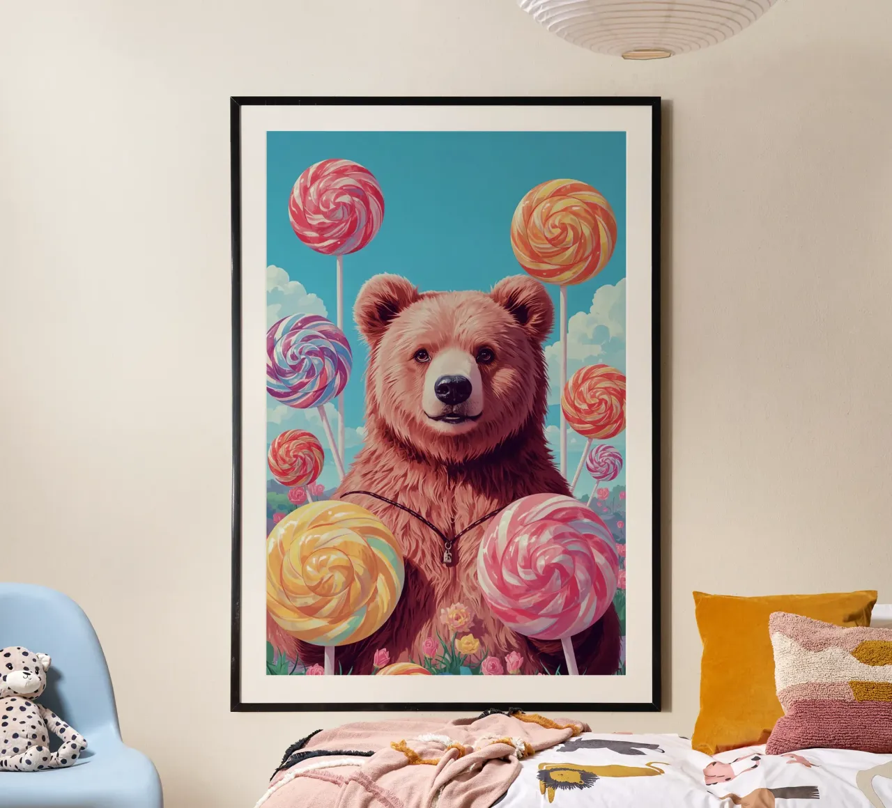 Orso con lecca-lecca e fiori poster con telaio in plastica da DesignDoodle