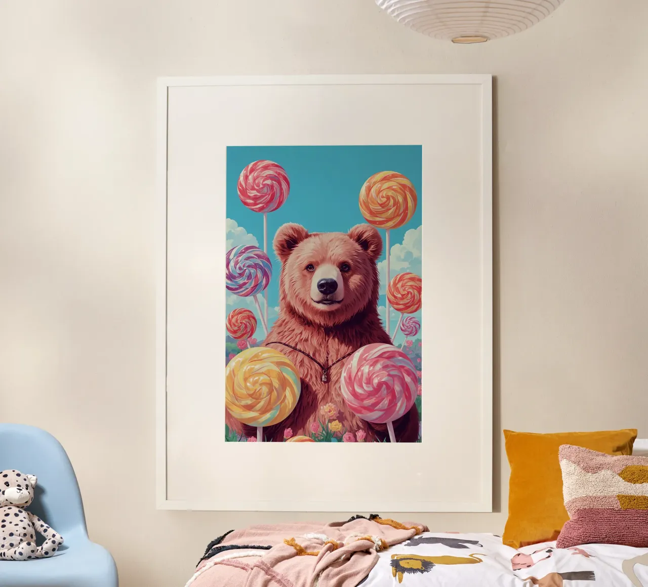 Orso con lecca-lecca e fiori poster con telaio in plastica da DesignDoodle