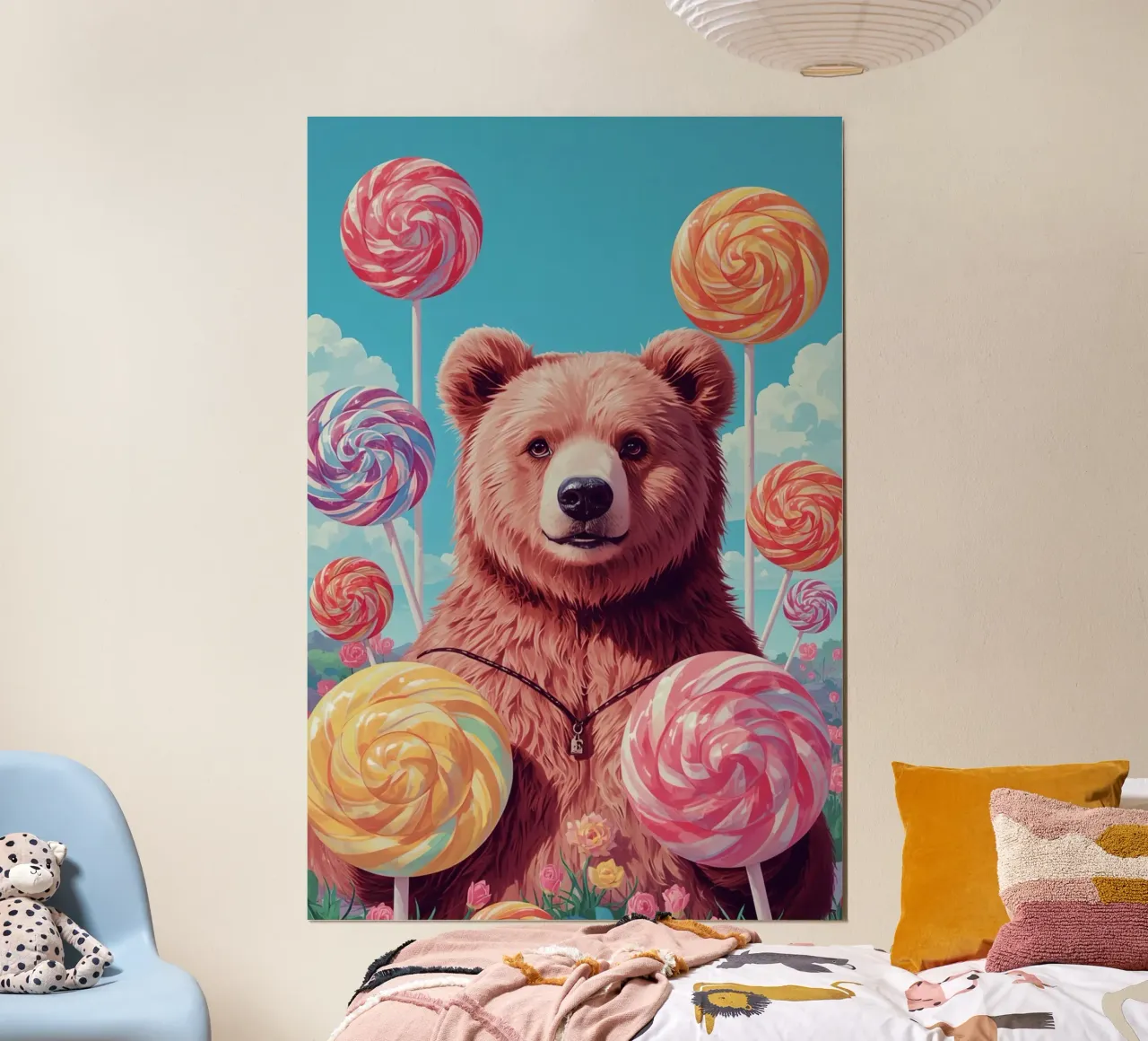 Orso con lecca-lecca e fiori poster con telaio in plastica da DesignDoodle