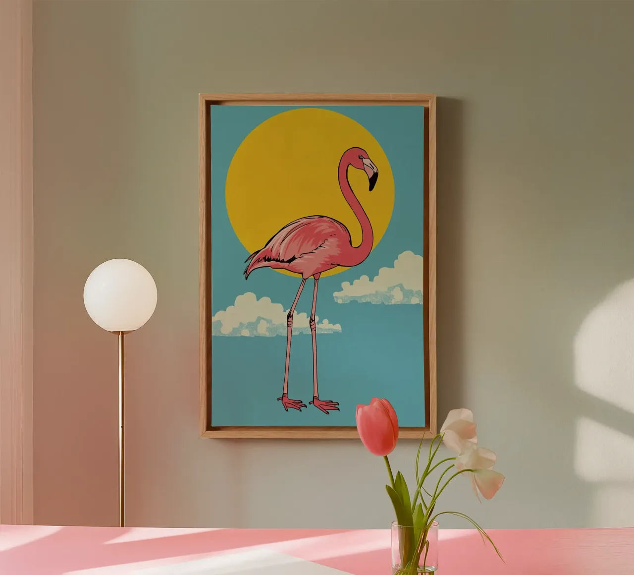 Pink Flamingo with Sun and Clouds canvas with Floater frame by DesignDoodle