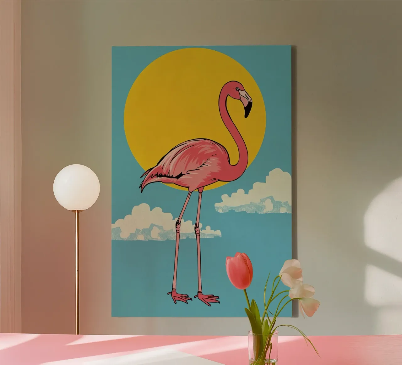 Pink Flamingo with Sun and Clouds canvas with Floater frame by DesignDoodle