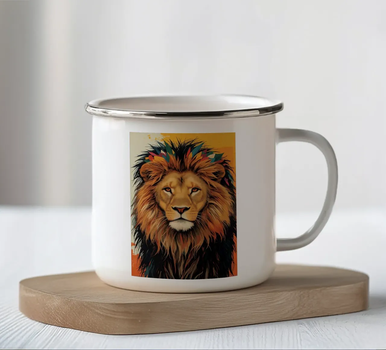 Testa di leone con piume tazza in smalto da DesignDoodle
