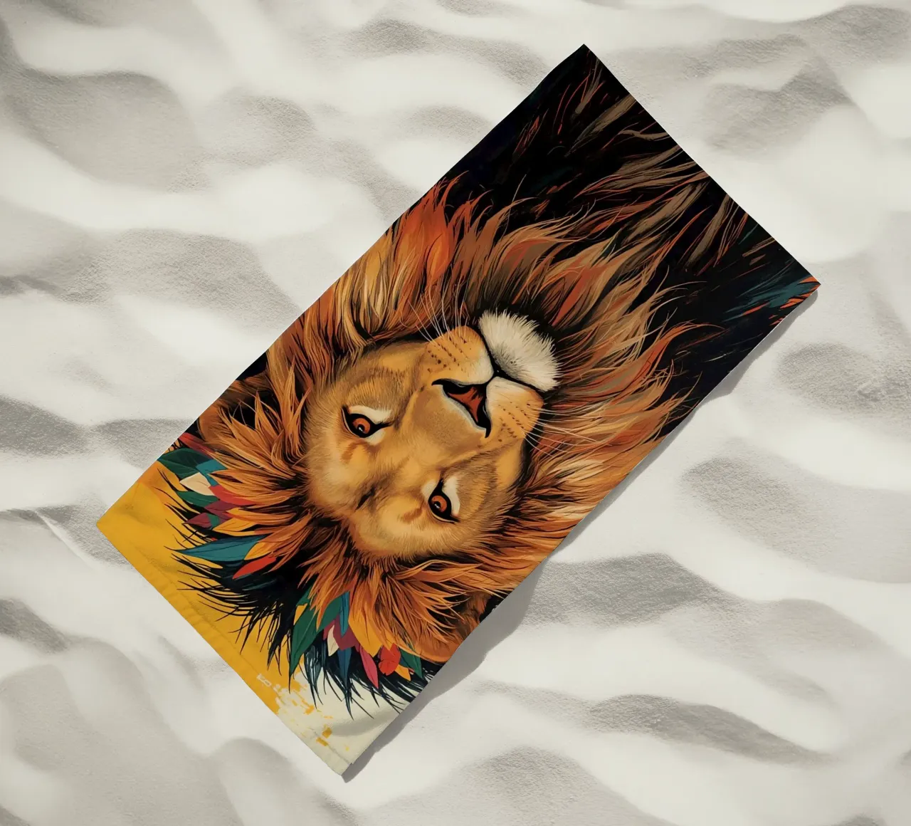 Testa di leone con piume telo mare da DesignDoodle