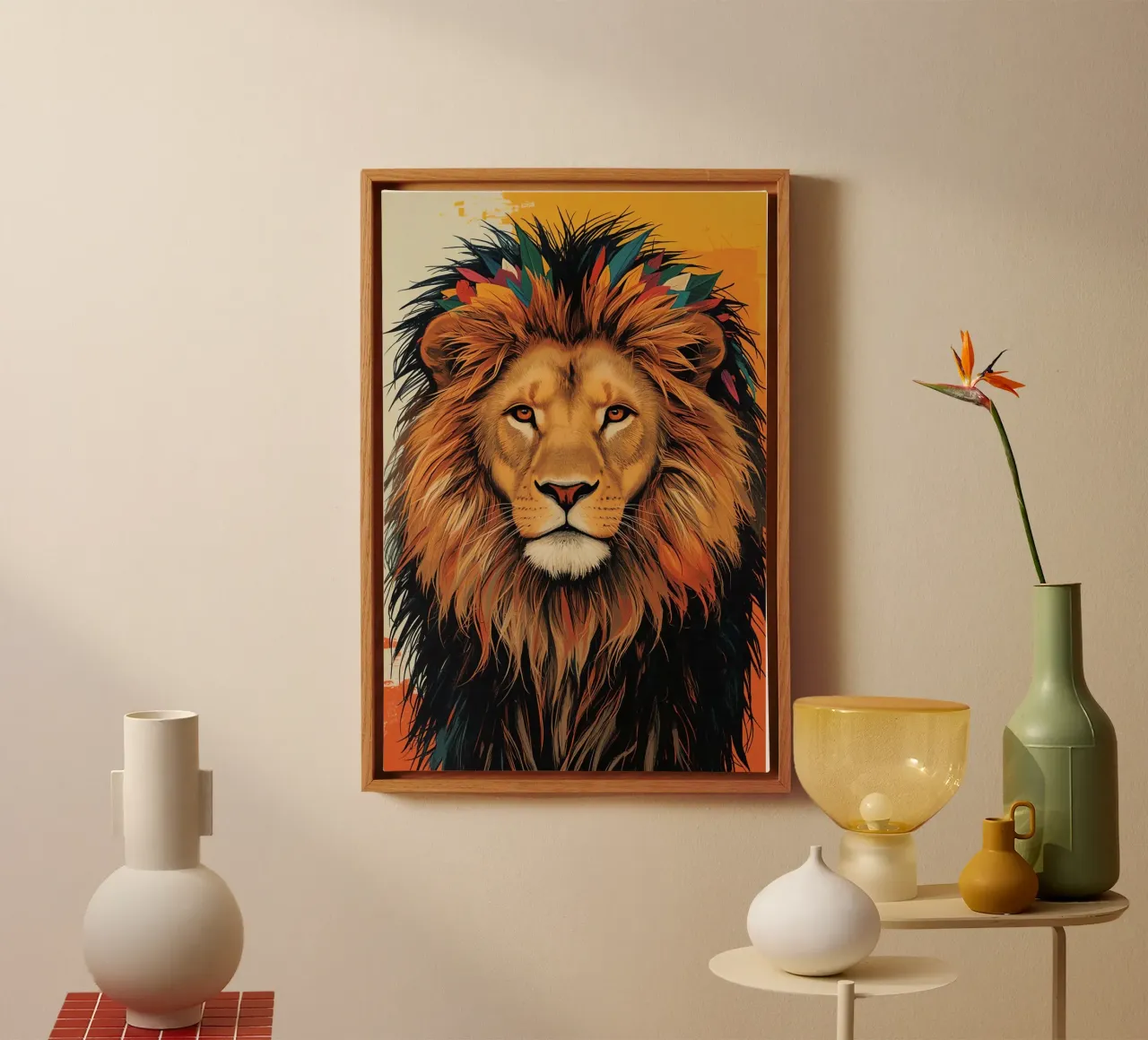 Leeuwenkop met veren canvas met Baklijst van DesignDoodle