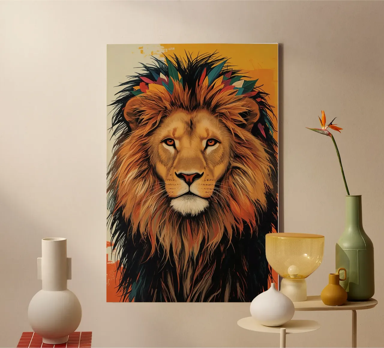 Leeuwenkop met veren canvas met Baklijst van DesignDoodle