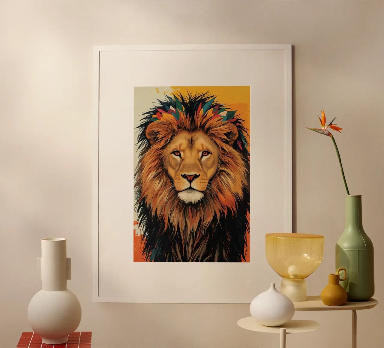 Testa di leone con piume poster da DesignDoodle