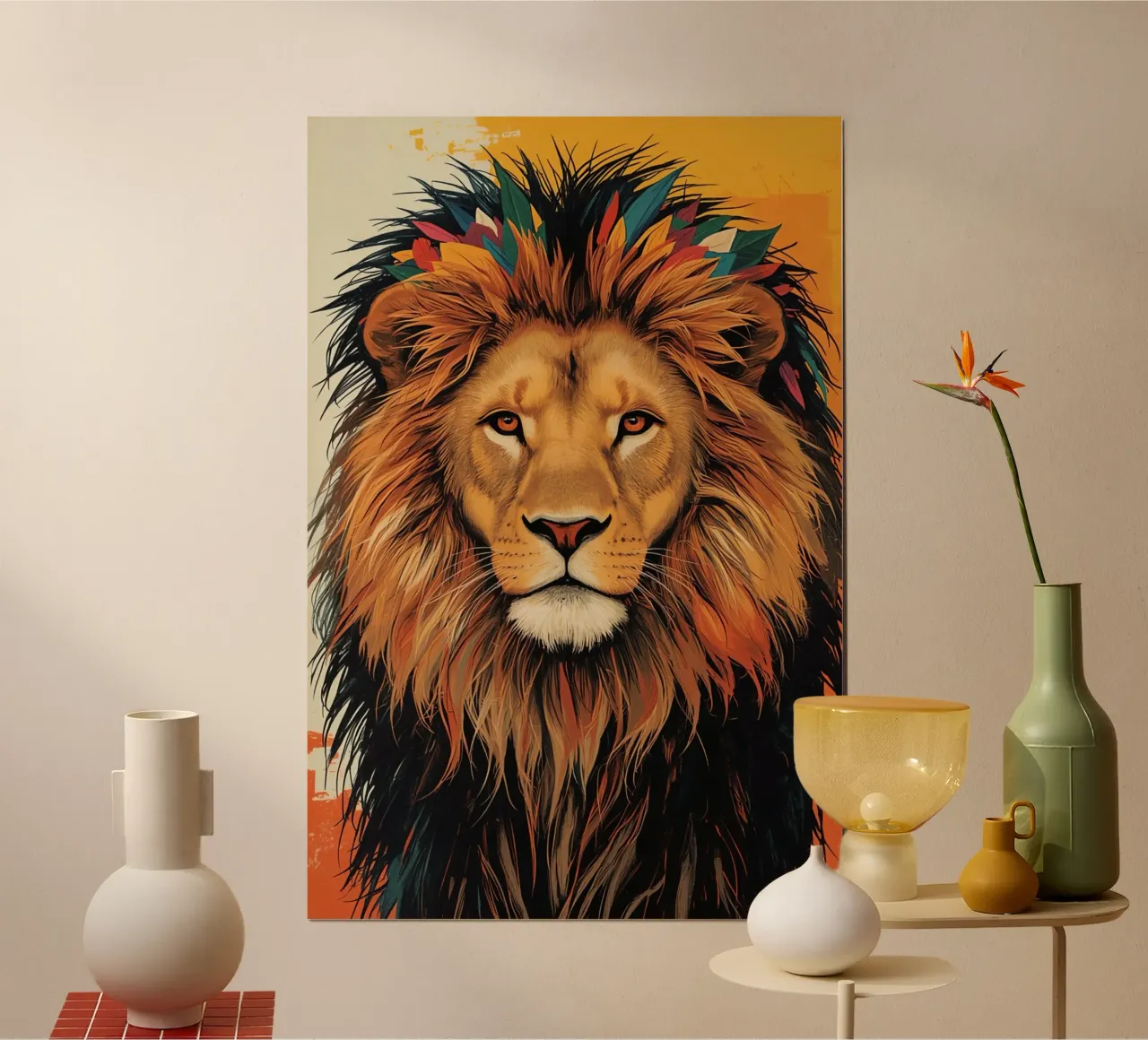 Testa di leone con piume poster da DesignDoodle